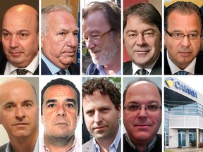 The accused in the Contrecoeur deal. Top row: Frank Zampino, Bernard Trépanier, Martial Fillion (who died in 2013), Daniel Gauthier, Paolo Catania. Bottom row: André Fortin, Pasquale Fedele, Martin D'Aoust, Pascal Patrice