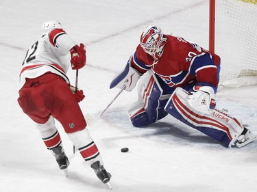 Ben Scrivens of the Montreal Canadiens stops Eric Staal to seal a shoot-out victory against the Carolina Hurricanes at the Bell Centre on Sunday, Feb. 7, 2016.