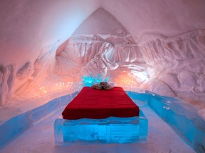 The décor theme for 2016 at Hôtel de Glace, near Quebec City, is The River. Pictured is an African inspiration with an ice sculpture of a hippopotamus.