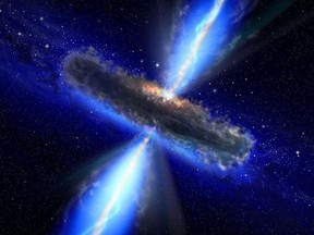 An artist's concept illustrates a quasar, or feeding black hole.
