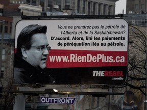 A large billboard with a message criticizing Denis Coderre was posted near city hall by TheRebel.ca, a right-wing site launched by commentator Ezra Levant.