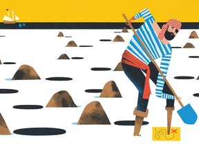 A tongue-in-cheek spread in Tough Guys (Have Feelings Too), by Keith Negley, shows a pirate shedding a tear as he deals with frustration, having dug numerous holes without finding his buried treasure.
