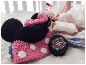 Valérie Meloche posted this photo of her one-month-old daughter to Facebook. The infant is in hospital after being hit in the head by a puck Meloche says was tossed into the crowd by P.K. Subban following Sunday's fan practice.