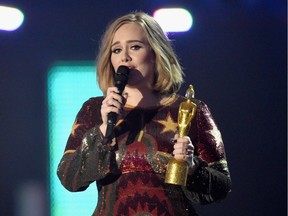 Adele with her Best British Album of the Year award on stage at the BRIT Awards 2016 at The O2 Arena on February 24, 2016 in London, England.