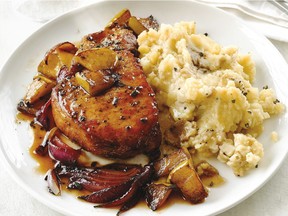 Browned pork chops, onions and apples are combined with flavoured mashed potatoes in this easy winter dish.