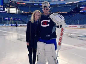 Canadiens goalie Ben Scrivens with his wife, Jenny, on the ice at Gillette Stadium before the Habs faced the Boston Bruins in the NHL Winter Classic on Jan. 1, 2016, in Foxborough, Mass. Photo courtesy of Jenny Scrivens.