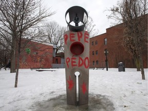 A monument in Claude Jutra park has been vandalized, Tuesday, February 23, 2016 in Montreal. Allegations that the famed Quebec film director was a pedophile has resulted in the renaming of public places and awards named in his honour after his death.THE CANADIAN PRESS/Ryan Remiorz