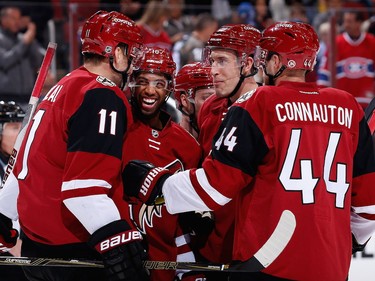 The Coyotes celebrate after Martin Hanzal, left, scored a first-period goal against the Montreal Canadiens -at Gila River Arena on Feb. 15, 2016. in Glendale, Arizona.