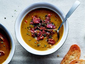 Salami tops a flavourful split pea soup in a new cookbook of soups and stews.