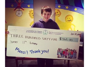 James Thomas Lowden presented his donation to the Montreal Children's Hospital Foundation on Feb. 10, 2016.