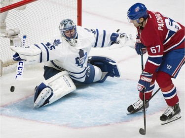 Montreal Canadiens captain Max Pacioretty scores against Toronto Maple Leafs goaltender Jonathan Bernier during third period NHL hockey action in Montreal, Saturday, February 27, 2016.