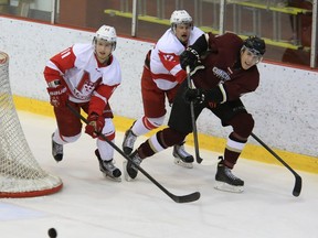 McGill Redmen Daniel Milne (11) and Christophe Lalonde (12) battle for puck with Concordia Stingers player during regular-season game.
