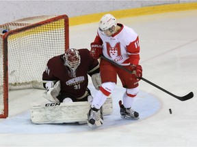 Daniel Milne of the McGill Redmen screens Concordia Stingers goalie Robin Billingham during regular-season game.