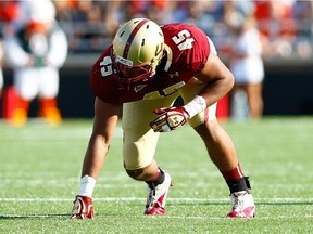 Mehdi Abdesmad #45 of the Boston College Eagles in action against the Miami Hurricanes during the game on Sept. 1, 2012 at Alumni Stadium in Chestnut Hill, Mass.