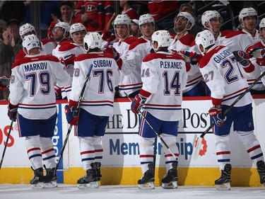 The Montreal Canadiens celebrate a goal by Andrei Markov #79 of the Montreal Canadiens to take a 1-0 lead over the Colorado Avalanche in the first period at Pepsi Center on February 17, 2016 in Denver, Colorado.