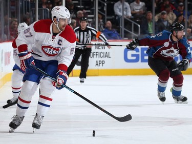 Max Pacioretty #67 of the Montreal Canadiens controls the puck against the Colorado Avalanche at Pepsi Center on February 17, 2016 in Denver, Colorado.