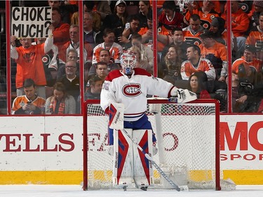 Goalie Mike Condon #39 of the Montreal Canadiens looks on against the Philadelphia Flyers during the third period at Wells Fargo Center on February 2, 2016 in Philadelphia, Pennsylvania.