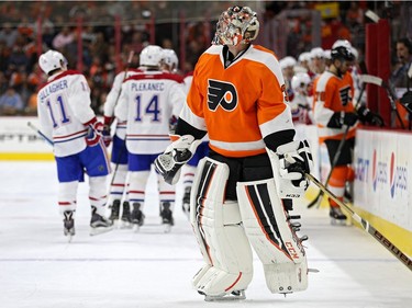 Goalie Steve Mason #35 of the Philadelphia Flyers looks on after allowing a goal to Andrei Markov #79 of the Montreal Canadiens during the first period at Wells Fargo Center on February 2, 2016 in Philadelphia, Pennsylvania.