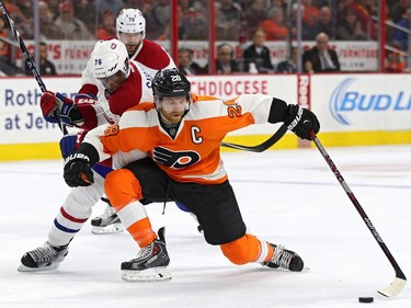 Claude Giroux #28 of the Philadelphia Flyers controls the puck in front of P.K. Subban #76 of the Montreal Canadiens during the second period at Wells Fargo Center on February 2, 2016 in Philadelphia, Pennsylvania.