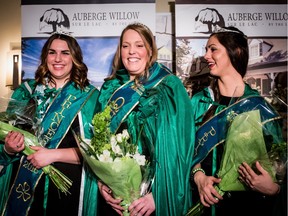Hudson St. Patrick's parade 2016 Princess Olivia O'Keeffe, left, Queen Sharon Pine, centre, and Princess Maria Isabel Massironi, right, celebrate their victory at the Queen's Court Selection event, on Sunday February 21, 2016, at the Auberge Willow, in Hudson, Quebec. (Giovanni Capriotti / MONTREAL GAZETTE)