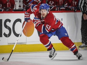 Canadiens' David Desharnais skates with the puck during third period of National Hockey League game against the Boston Bruins in Montreal on Dec. 9, 2015.