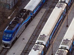 AMT trains seen from the 47th floor of the new Tour des Canadiens condo tower in downtown Montreal.