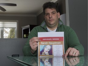 Éric Hauptman at his Laval home Feb. 4, 2016 with a handbill of his 16-year-old daughter Sarah.