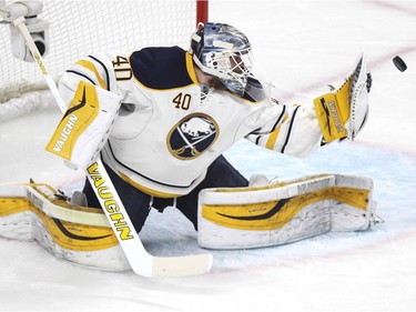 Buffalo Sabres Robin Lehner makes a save during first period of National Hockey League game against the Montreal Canadiens in Montreal Wednesday February 3, 2016.