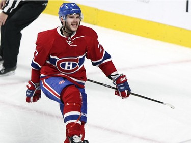 Montreal Canadiens Alex Galchenyuk celebrates his goal against the Buffalo Sabres during second period of National Hockey League game in Montreal Wednesday February 3, 2016.