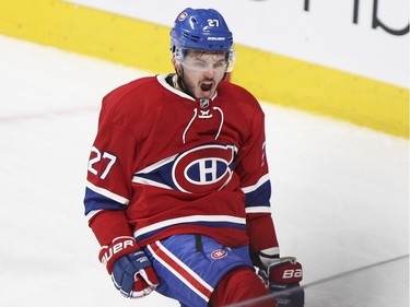 Montreal Canadiens Alex Galchenyuk celebrates his goal against the Buffalo Sabres during second period of National Hockey League game in Montreal Wednesday February 3, 2016.