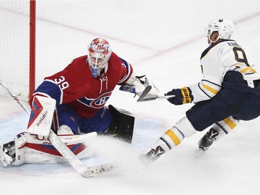 Montreal Canadiens goalie Mike Condon stops Buffalo Sabres Evander Kane on a breakaway during second period of National Hockey League game in Montreal Wednesday February 3, 2016.