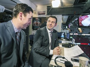 Play-by-play man John Bartlett, right, and analyst Mike Johnson prepare for Montreal Canadiens versus Buffalo Sabres National Hockey League game in Montreal Wednesday Feb. 3, 2016.