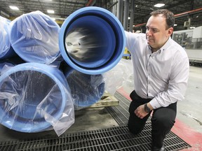Louis-Philippe Dubé, director of sales for Ipex with pvc water main pipes at the company's manufacturing plant in the St-Laurent borough in Montreal Friday Feb. 05, 2016.