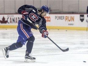 Canadiens defenceman Nathan Beaulieu takes a shot during optional practice at the team's training facility in Brossard on Feb. 8, 2016.