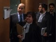 Frank Zampino, left, leaves the courtroom at the Montreal courthouse with his lawyer Isabel Schurman at the corruption trial into the Contrecoeur real-estate development, on Wednesday, Feb. 10, 2016.
