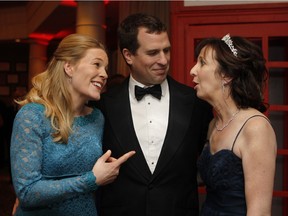 Teresa Dellar, right, chats with Peter Phillips and his wife Autumn Phillips. Peter Phillips is the son of Princess Ann, and the grandson of Queen Elizabeth. His wife, Autumn Kelly, grew up in Pointe-Claire. The couple are the guests of honour at a gala fundraiser for the West Island Palliative Care Centre at Château Vaudreuil on Friday. Feb. 12, 2016. (Marie-France Coallier / MONTREAL GAZETTE)
