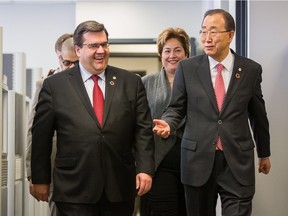 Secretary-General of the United Nations Ban Ki-moon arrives with Montreal Mayor Denis Coderre at the Centre for Prevention of Radicalization Leading to Violence in Montreal Feb. 13, 2016.