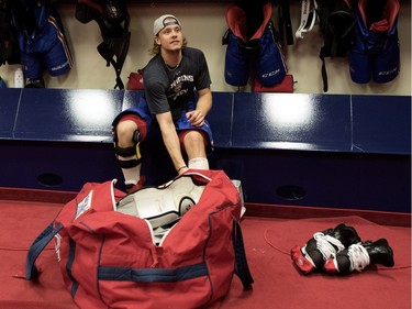 Montreal Canadiens Jacob De La Rose removes his gear in the locker room after team practice at the Bell Sports Complex in Montreal on Monday February 22, 2016.