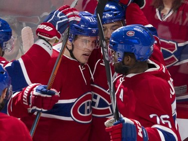 Brendan Gallagher (left) of the Montreal Canadiens is congratulated by teammates P.K. Subban (right) and Tomas Plekanec after his goal in the first period of an NHL game against the Edmonton Oilers at the Bell Centre in Montreal on Saturday, Feb. 6, 2016. (John Kenney / MONTREAL GAZETTE)