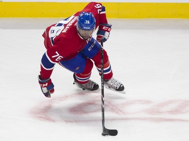 P.K. Subban of the Montreal Canadiens makes a sharp turn while controlling the puck against the Edmonton Oilers in the first period of an NHL game at the Bell Centre in Montreal on Saturday, Feb. 6, 2016.