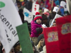 Daycare operators and workers, children and their parents  rallied at Place Émilie-Gamelin on Sunday as part of a province-wide protest against proposed cuts by the government of Quebec to the the province's publicly funded daycares.