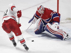 Ben Scrivens of the Montreal Canadiens stops Eric Staal to seal a shoot-out victory against the Carolina Hurricanes at the Bell Centre in Montreal Sunday, February 7, 2016.