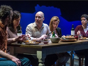 Barbs fly across the dining table in Alexandria Haber's On This Day, starring Trevor Hayes, left, Leni Parker, Carlo Mestroni, Emelia Hellman and Stefanie Buxton.
