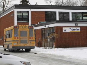 A school bus is parked near Thorndale elementary school in Pierrefonds. The Pearson school board has decided to merge the two schools in the Greendale building, but parents at Thorndale are pushing to have the schools consolidated in the Thorndale building.(Marie-France Coallier / MONTREAL GAZETTE)