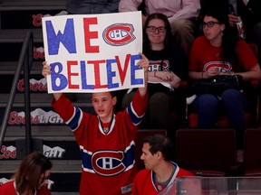 A young fan shows support for the Canadiens before the team faced the Tampa Bay Lightning during NHL Eastern Conference semifinal in Montreal on May 9, 2015.
