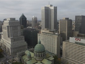 An aerial view of  downtown Montreal from Marriott Château Champlain hotel on October 5, 2015.