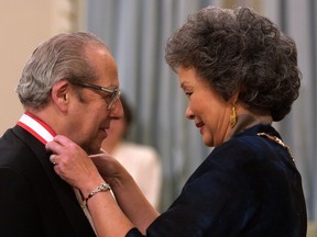 Victor Goldbloom, former Commissioner of Official Languages, of Montreal is invested as Companion to the Order of Canada by Governor General Adrienne Clarkson Nov. 16, 2000.
