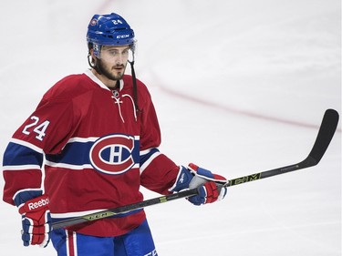 Newly acquired Montreal Canadiens player Phillip Danault skates during the warm up prior to a NHL hockey game against the Toronto Maple Leafs in Montreal, Saturday, February 27, 2016.
