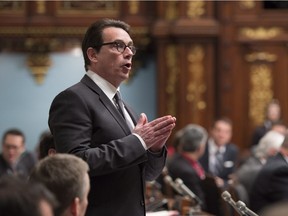 Quebec Opposition Leader Pierre-Karl Peladeau questions the government over the sale of Rona to Lowe's, during question period, at the legislature in Quebec City on Tuesday, Feb. 9, 2016.