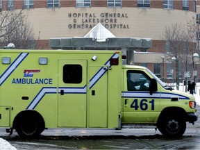 Ambulance outside the Lakeshore General Hospital in Pointe-Claire.